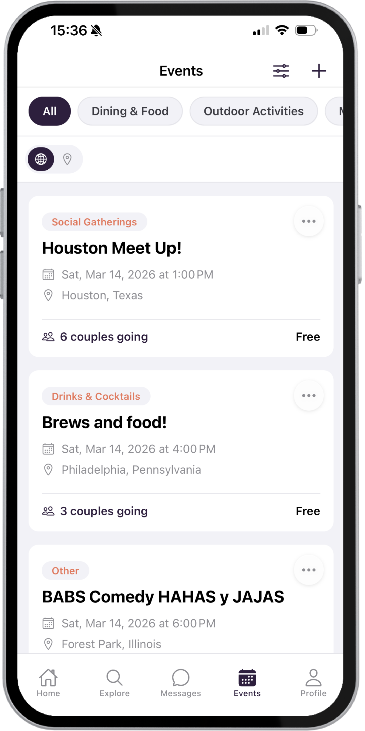 DINK Social app messaging and events screen